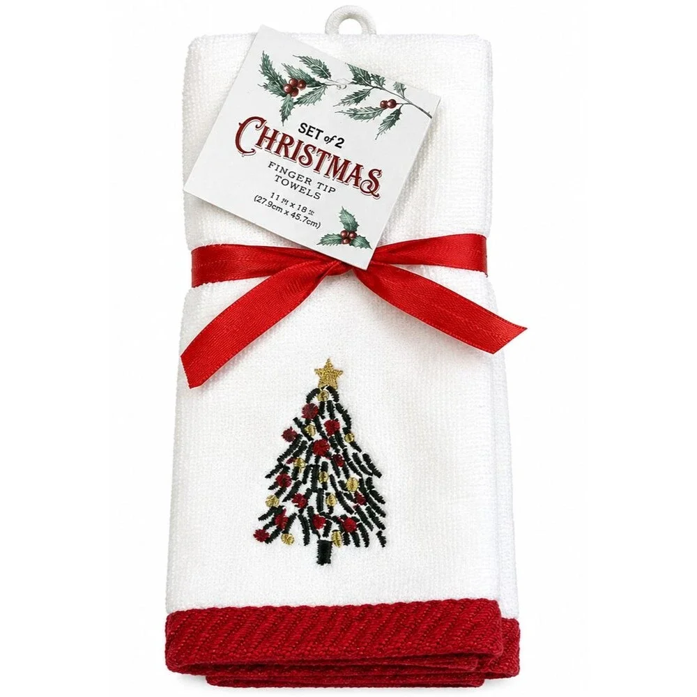 Christmas Tree Fingertip Towels Set of 2 White Embroidered 100% Cotton Guest